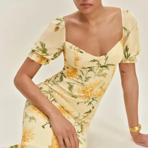 Reformation Gloria Midi Dress Size 2 Honeyglow Yellow Floral - Picture 12 of 13